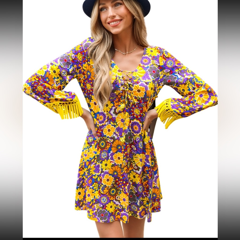 50%offw❤️Golden point Boho Fringe Bell Sleeve Dress 
Yellow S hippie bohemian